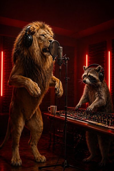 Lion & Raccoon bring fresh energy to the Rap AI booth 🎤🔥 #StudioSession